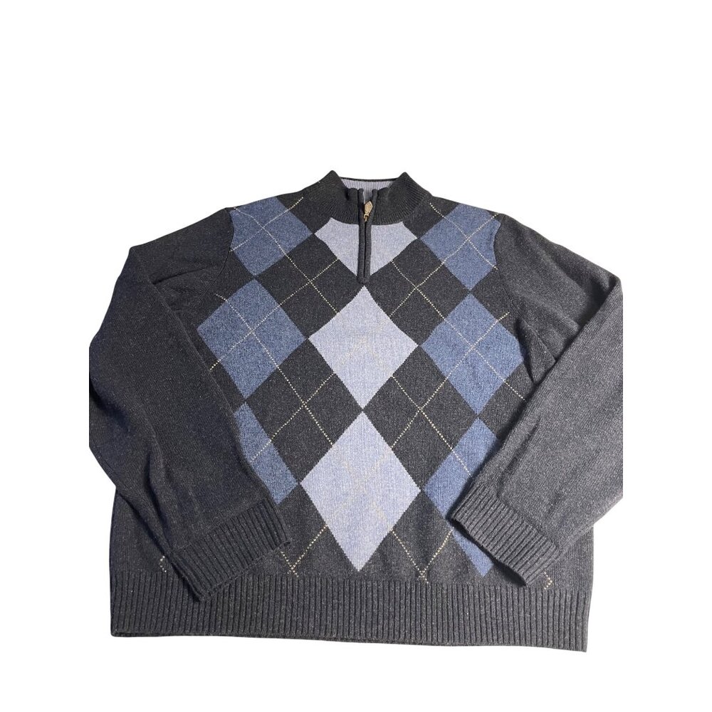 Brooks Brothers 346 Lambswool Argyle 1/4-Zip Sweater Gray Blue Black Mens Size L